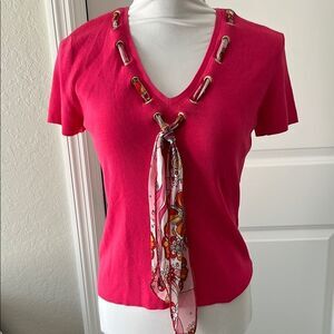Pink V-Neck Top with Scarf Detail